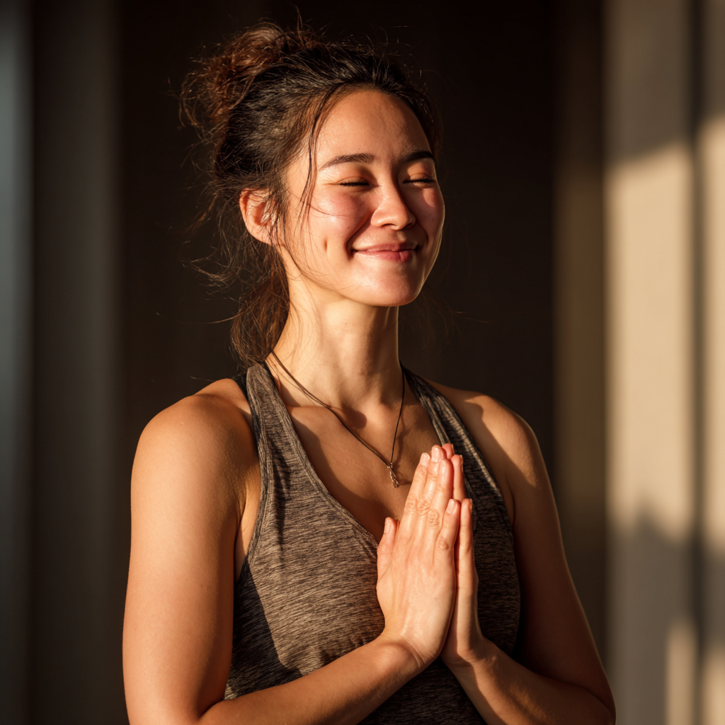 Улыбающаяся казахская женщина в позе лотоса на коврике для йоги, демонстрирующая спокойствие и гармонию в естественном освещении