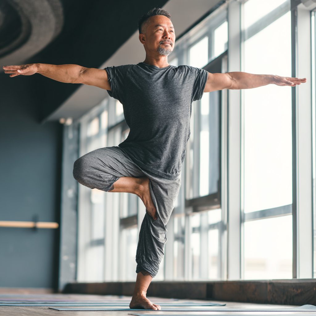 Группа практикующих разного возраста - молодые и зрелые казахстанцы выполняют асаны йоги в светлой студии, демонстрируя инклюзивность практики