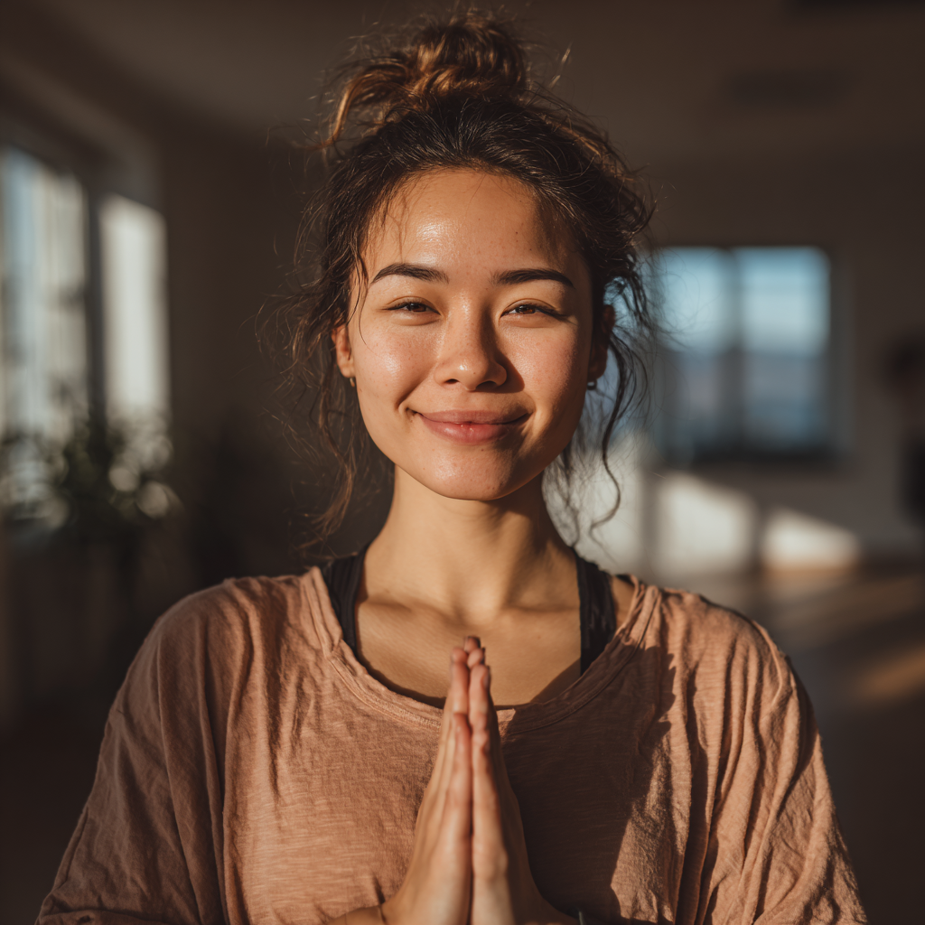 Молодая казахская женщина в спокойной медитативной позе с закрытыми глазами, демонстрирующая правильную технику 5-минутной медитации в уютной домашней обстановке